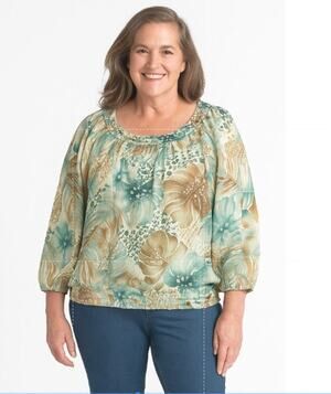 Alfred Dunner 18W Plus Women's Semi Sheer Blouse Feminine Botanical Floral Flowy